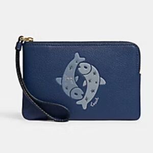 NWT Coach Corner Zip Zodiac Wristlet In Canvas Leather With Pisces CF529